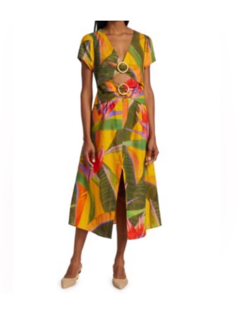 FARM Rio Yellow and Green Tropical Midi Dress with Double Ring Waist